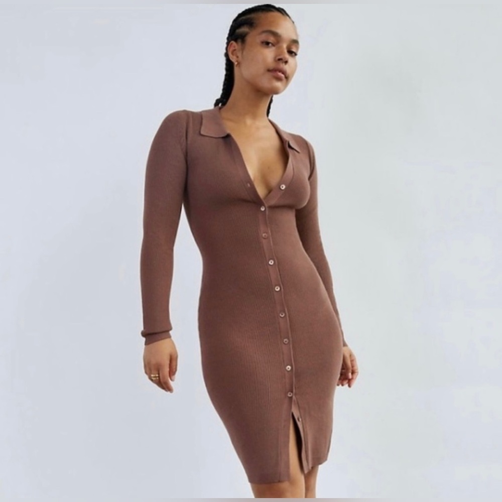 Aritzia Wilfred Brown Button-Up Long-sleeve Knit Midi Dress, size XXS